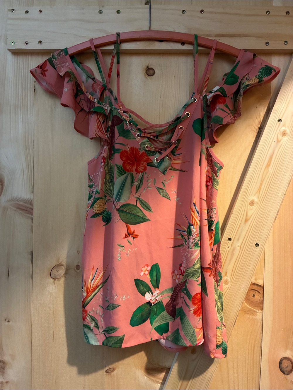Express Pink Floraly Lace-Up V-Neck Tank